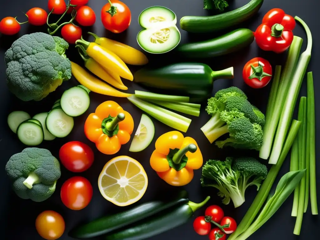 Un mosaico vibrante de verduras bajas en carbohidratos cetogénicos, con colores frescos y una presentación moderna.