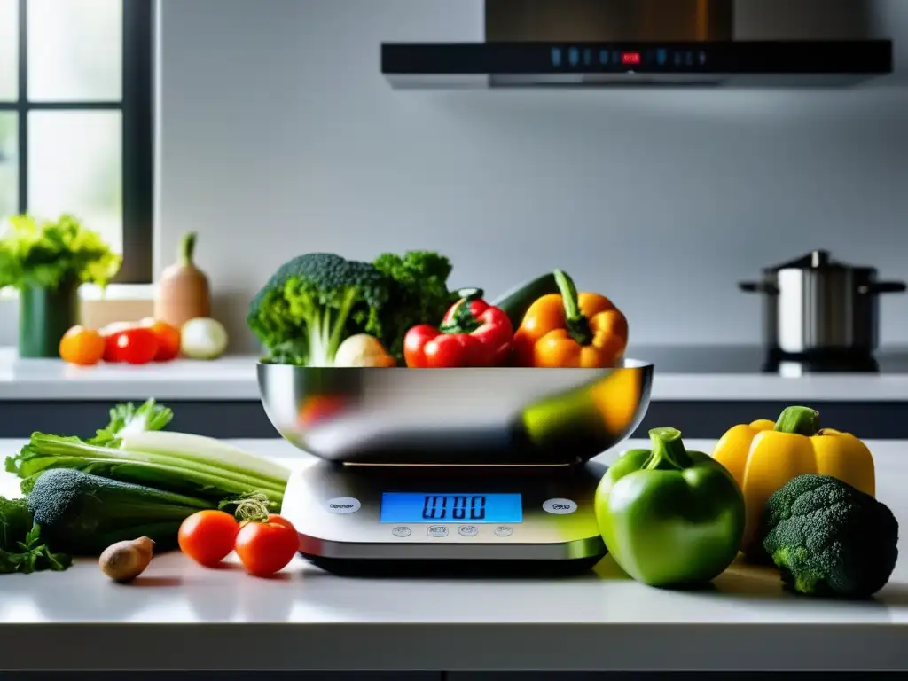 Un mostrador de cocina minimalista con vegetales frescos y una balanza digital, reflejando el enfoque en la dieta cetogénica.