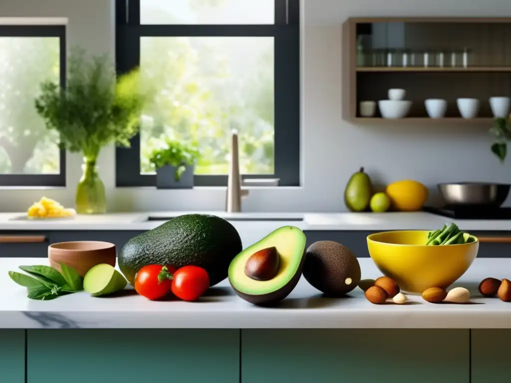 Un mostrador de cocina moderno y sereno con ingredientes coloridos y saludables. <b>La luz natural realza los colores y texturas, creando una escena visualmente atractiva.</b> La composición emana bienestar y nutrición equilibrada, capturando a la perfección la esencia de la dieta cetogén