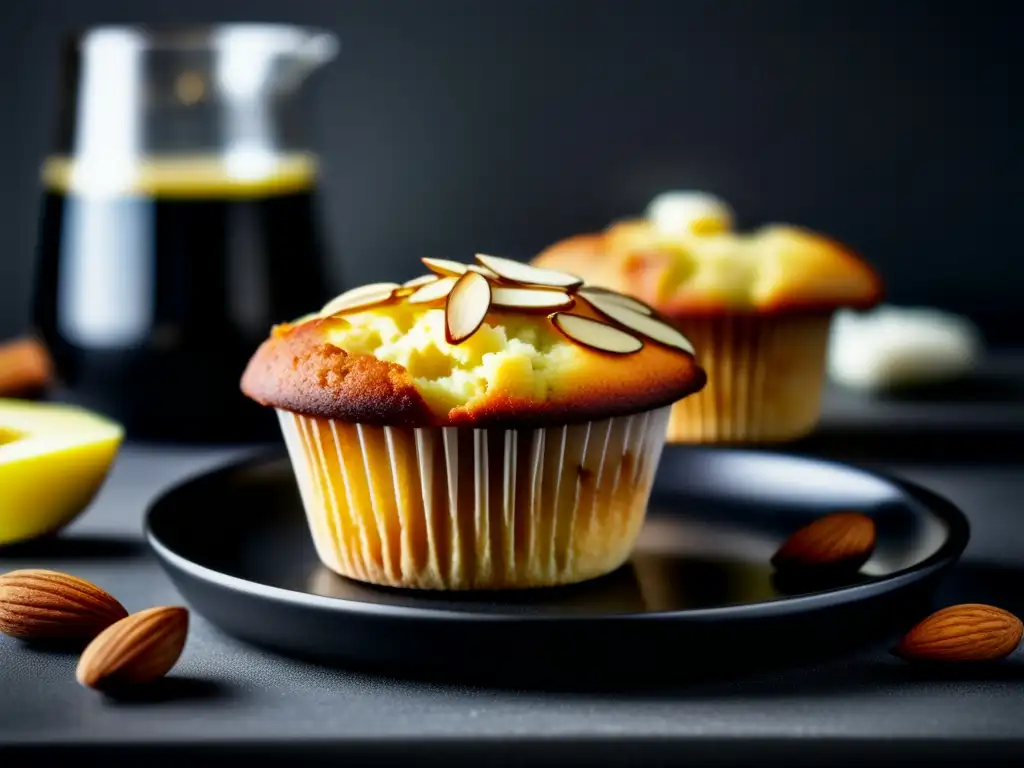 Un muffin cetogénico de almendra recién horneado en un elegante plato negro, en una cocina minimalista. Muffins cetogénicos recetas desayunos prácticas