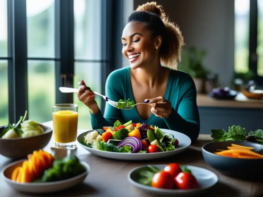 Una mujer disfruta de los beneficios de una disciplina alimentaria en su dieta cetogénica, saboreando una vibrante ensalada.