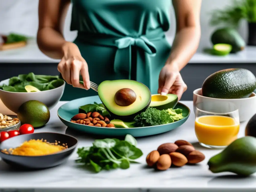 Una mujer prepara una colorida y diversa comida cetogénica en una encimera de mármol blanco, con ingredientes vibrantes iluminados por la luz natural. Su expresión enfocada transmite determinación y compromiso con la dieta cetogénica, mientras que el entorno moderno y los utensilios elegantes añ