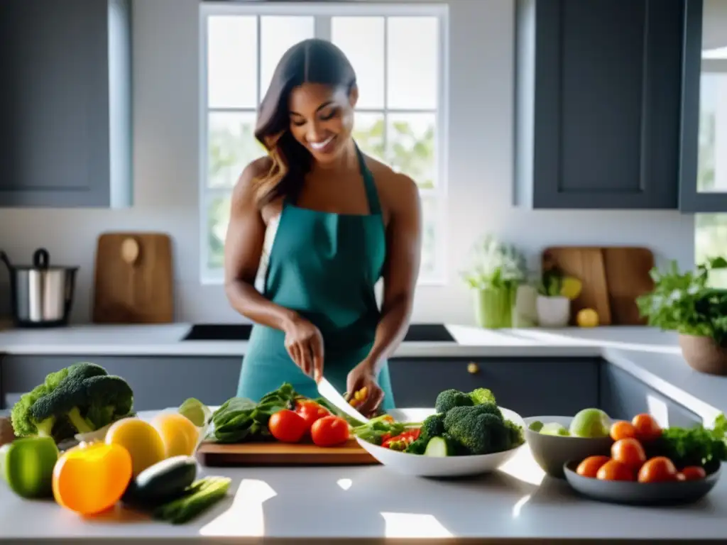 Una mujer prepara una colorida y nutritiva comida cetogénica en una cocina luminosa y espaciosa. <b>Su expresión confiada y enfocada transmite empoderamiento y autocuidado mientras se dedica al proceso de preparar una comida cetogénica.</b> La relación entre autoestima y alimentación cetogénica se ref