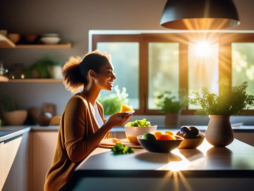 Una mujer disfruta de una comida cetogénica en una cocina moderna y serena, reflejando autocompasión en la dieta cetogénica.