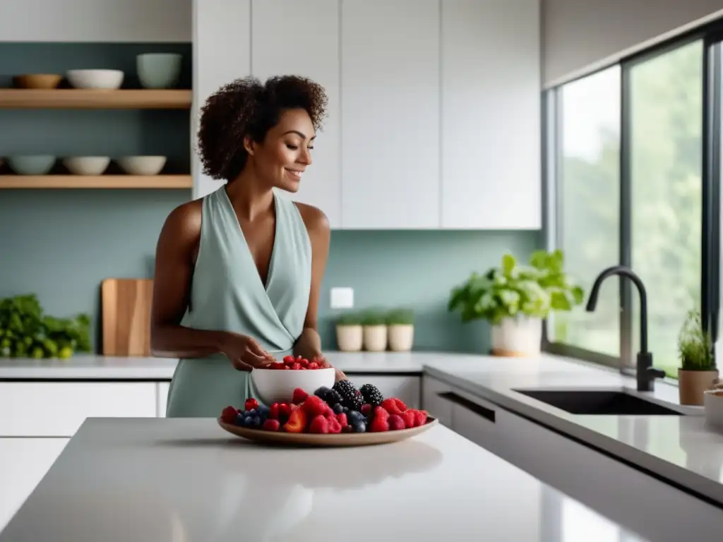 Una mujer prepara una comida cetogénica en una cocina minimalista, mostrando el impacto de la dieta cetogénica en la adicción al azúcar.