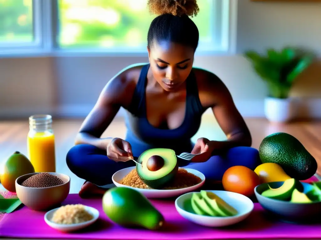 Una mujer disfruta conscientemente de una comida cetogénica colorida en un ambiente sereno, conectando con la dieta cetogénica a nivel emocional.