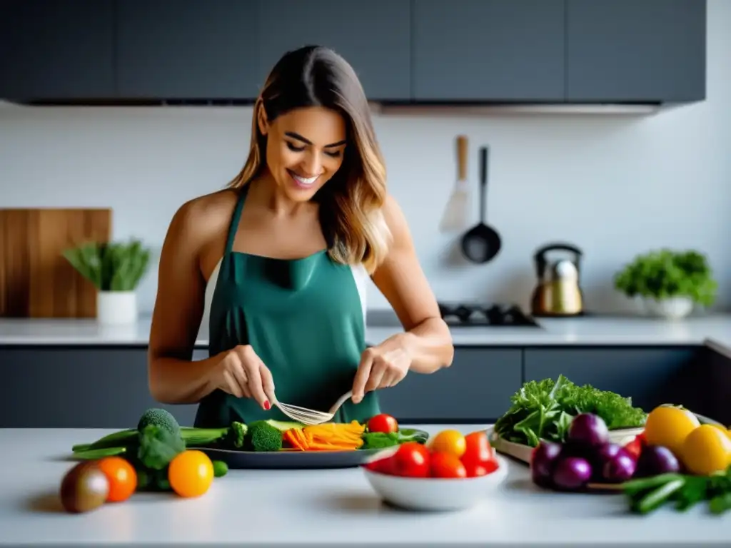 Una mujer prepara una comida cetogénica colorida y nutritiva en una cocina moderna y bien iluminada, destacando la importancia de los ingredientes frescos y de alta calidad en la dieta cetogénica para la salud mental. Su expresión irradia propósito y bienestar mientras se dedica a esta actividad consciente y nutrit