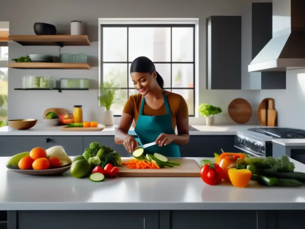 Una mujer prepara una comida cetogénica colorida y nutritiva en una elegante cocina moderna, mostrando superación personal en dieta cetogénica.