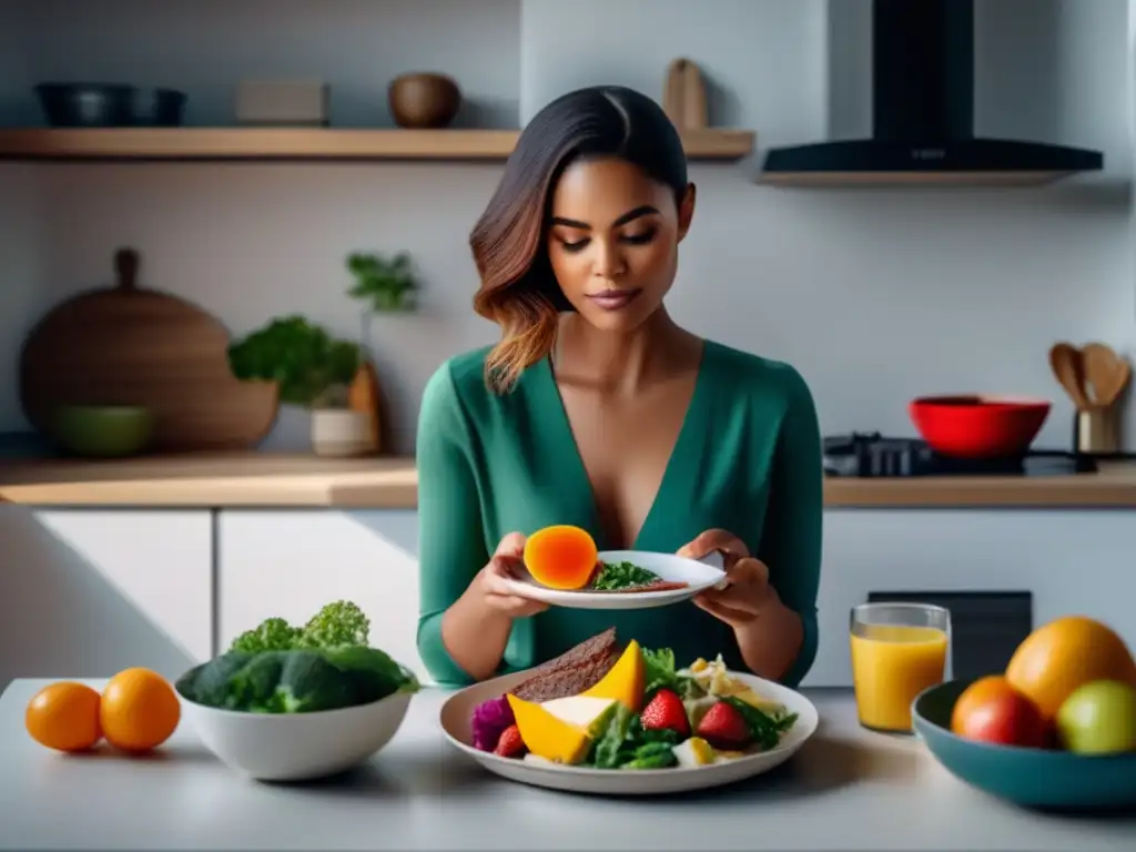 Una mujer se sienta a comer una comida cetogénica colorida y cuidadosamente preparada, con determinación en su expresión. El entorno es luminoso y minimalista, reflejando el manejo de la frustración en dieta cetogénica.