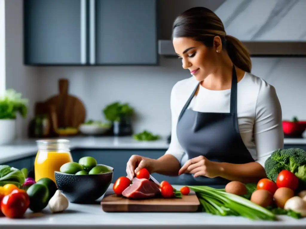 Una mujer prepara una comida cetogénica saludable en una cocina moderna y bien iluminada, rodeada de ingredientes frescos y coloridas especias. <b>Mide cuidadosamente los ingredientes, mostrando confianza y determinación al seguir su plan de dieta cetogénica.</b> La imagen captura su expresión concentrada y la