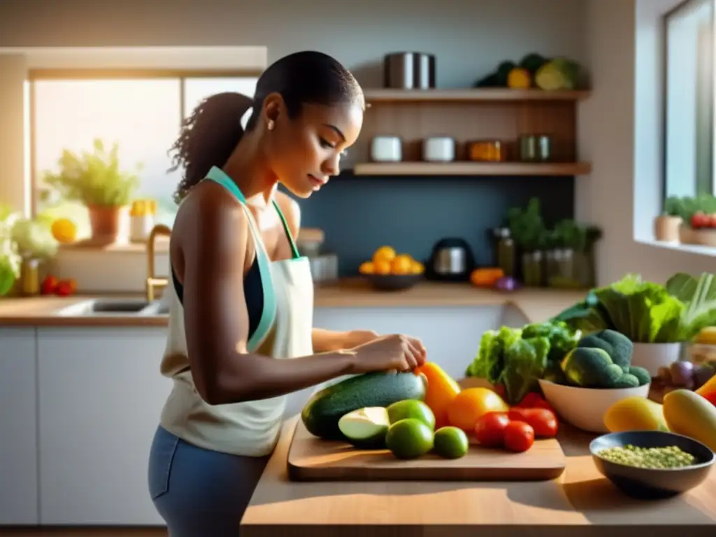 Una mujer prepara una comida cetogénica saludable en una cocina moderna y bien iluminada, con suplementos recomendados en dieta cetogénica.