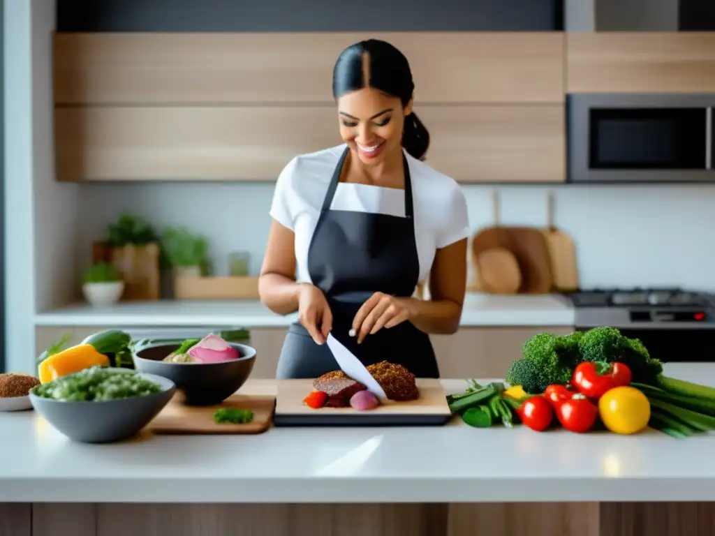 Una mujer preparando una comida cetogénica saludable en una cocina moderna y bien iluminada, siguiendo el protocolo 16/8 en dieta cetogénica.