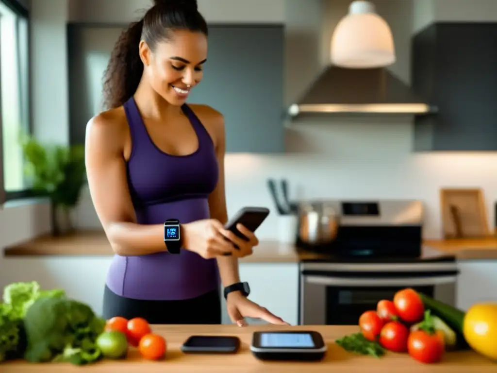 Una mujer prepara una comida cetogénica saludable en su cocina, con wearables y una app de dieta sincronizada.