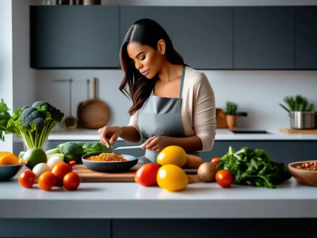 Una mujer prepara una comida keto en su cocina moderna y bien iluminada, mostrando su fuerza de voluntad en dieta cetogénica.