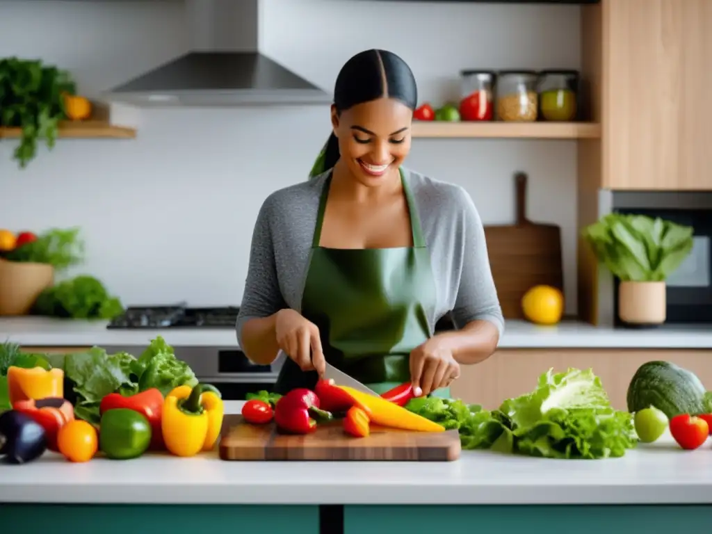 Una mujer prepara una comida equilibrada en una cocina moderna y bien iluminada. <b>Mide cuidadosamente ingredientes rodeada de frutas, verduras y granos enteros.</b> <b>La cocina es organizada y elegante, creando una sensación contemporánea y aspiracional.</b> La imagen transmite la idea de preparar comidas salud