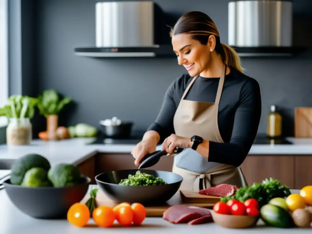 Una mujer prepara comidas cetogénicas en una cocina moderna y luminosa, mostrando el funcionamiento dieta cetogénica con dedicación y creatividad.