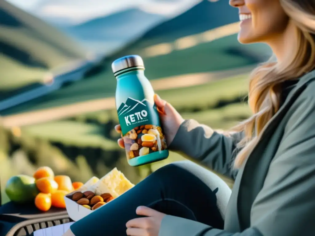 Una mujer disfruta de comidas cetogénicas para viajes largos, con vistas a la carretera y montañas. La imagen transmite aventura y preparación.