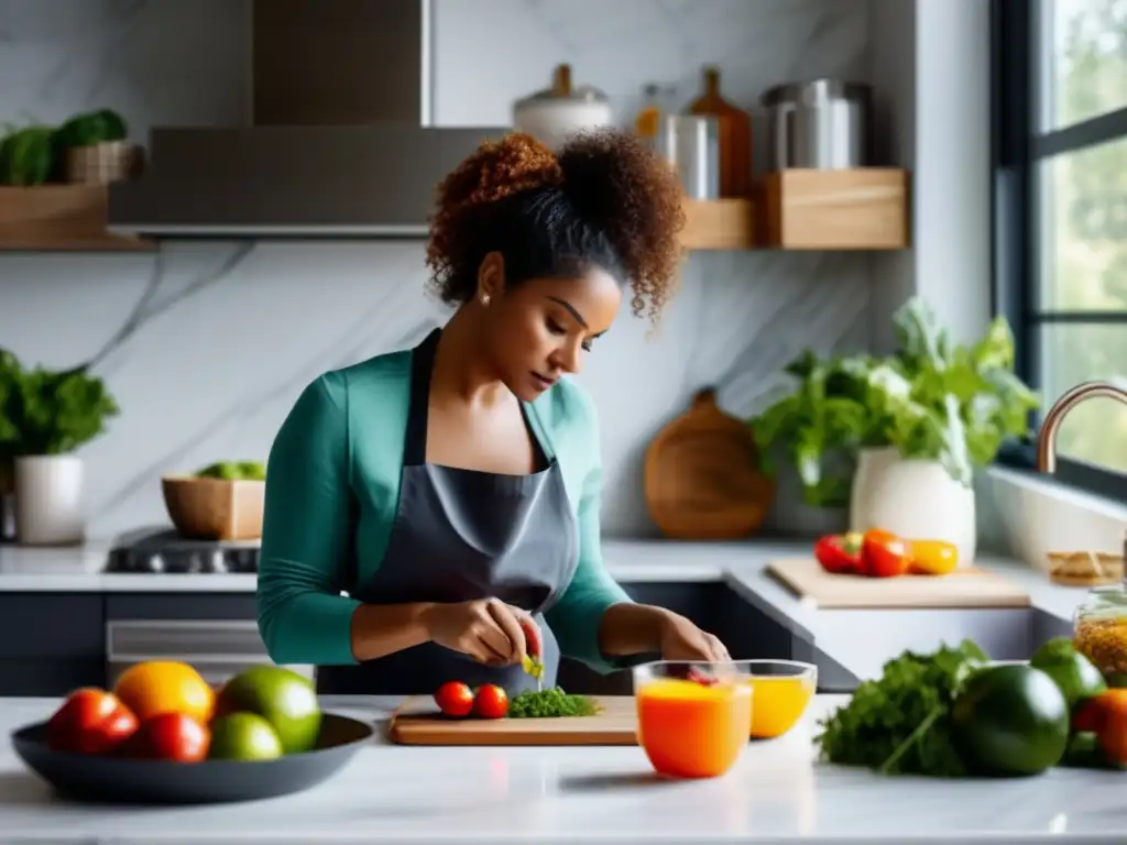 Una mujer concentrada prepara una comida saludable en una cocina contemporánea bien iluminada, con ingredientes frescos y especias coloridas. La luz natural resalta los detalles de la comida, creando una imagen visualmente impactante de la cocina consciente de la salud.