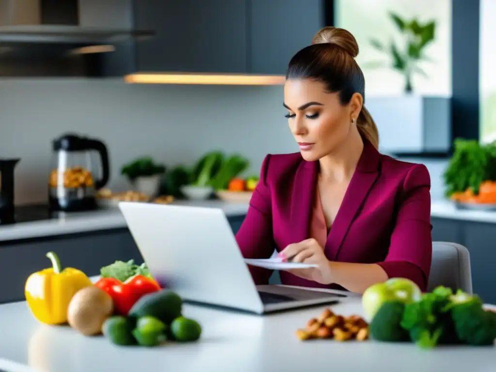 Mujer concentrada lee sobre efectos cognitivos dieta cetogénica, rodeada de alimentos saludables en una cocina moderna y luminosa.