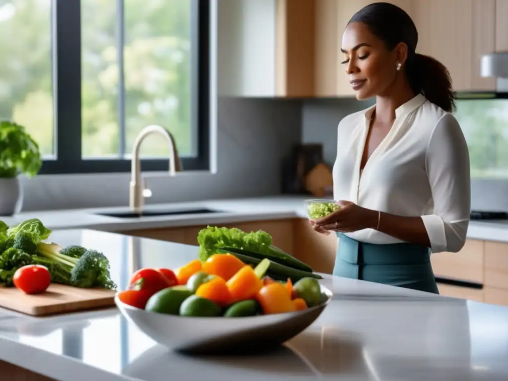 Una mujer corta verduras con determinación en una cocina moderna y serena, mostrando resiliencia en transición dieta cetogénica.