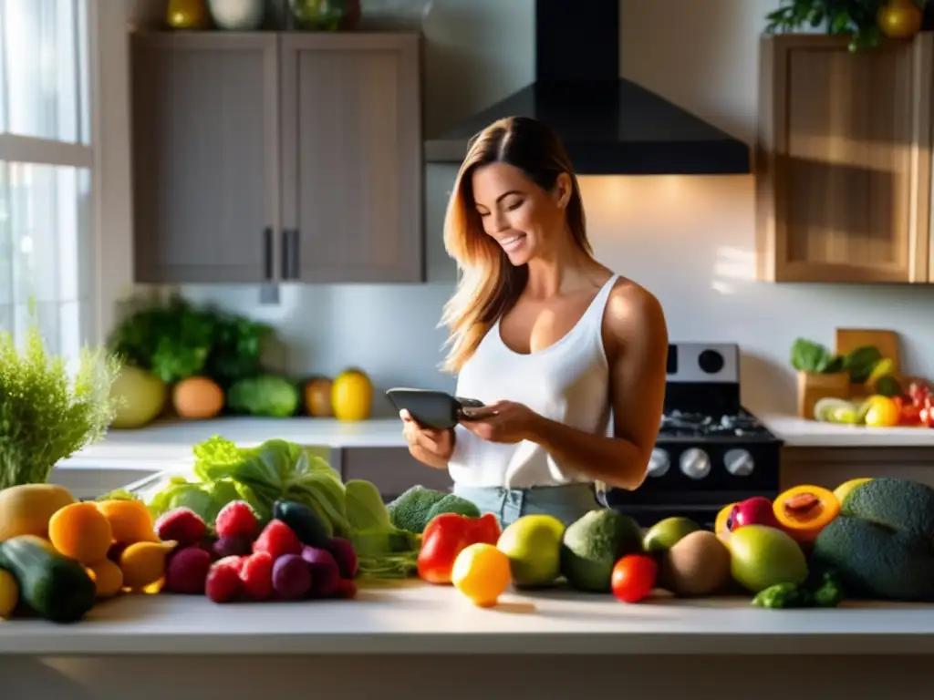 Una mujer prepara con cuidado una comida cetogénica en una cocina llena de frutas y verduras coloridas, encarnando el concepto de metas realistas en dieta cetogénica. La luz del sol ilumina el escenario, realzando los vibrantes colores de los productos frescos.