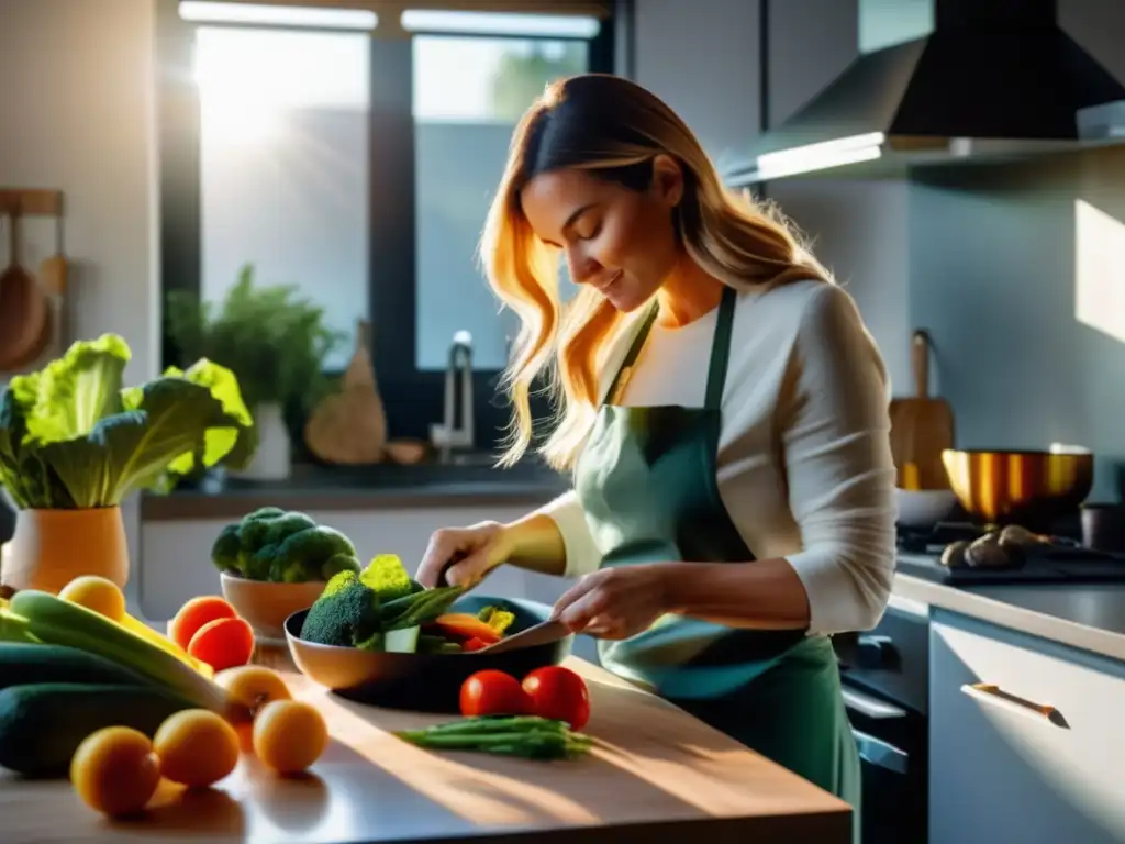 Una mujer prepara con cuidado una comida cetogénica ecológica en una cocina moderna y luminosa.