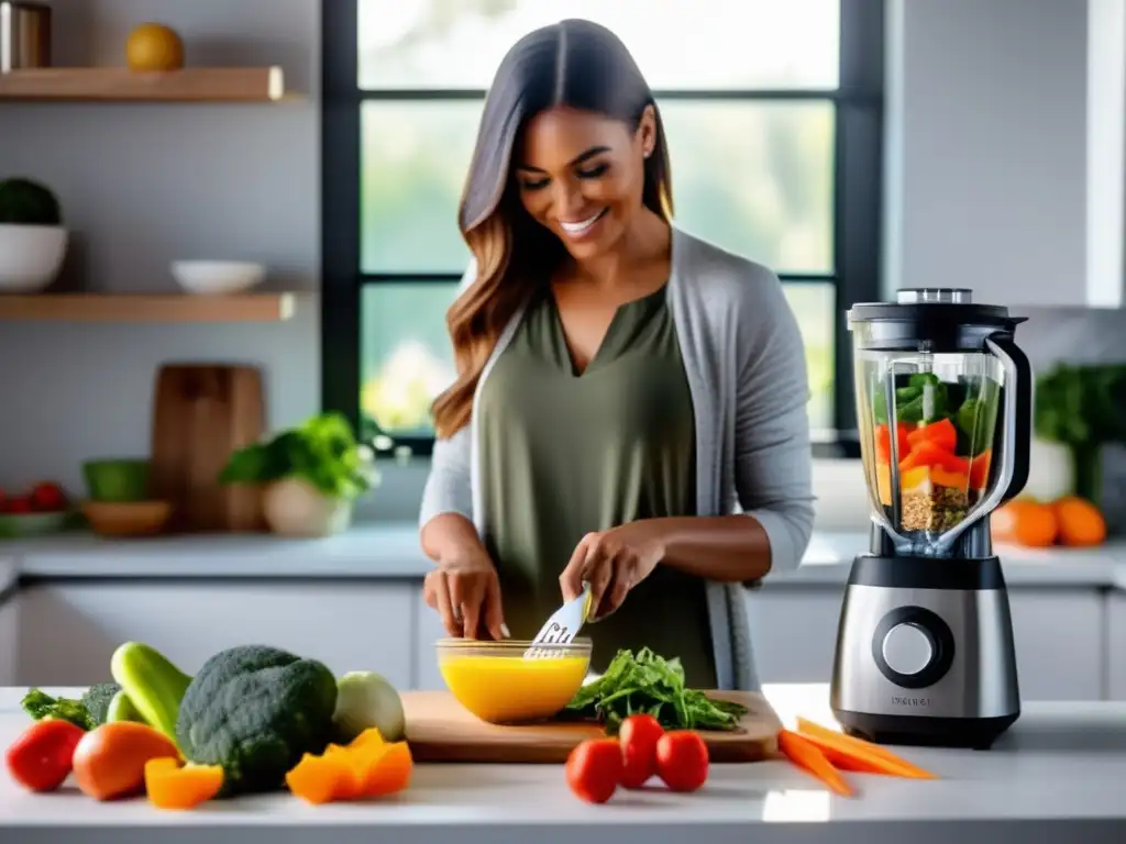 Una mujer organiza su día con determinación, preparando una colorida ensalada cetogénica en una cocina luminosa y ordenada.