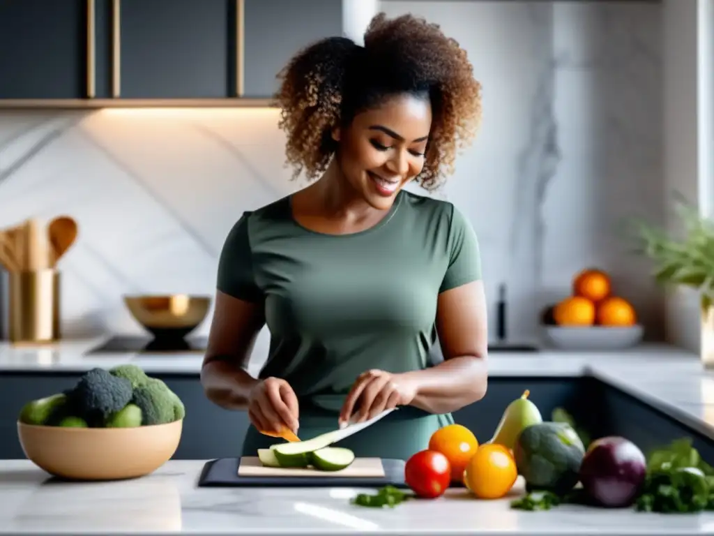 Una mujer preparando una dieta cetogénica personalizada en una cocina moderna y elegante, cuidando cada detalle con determinación y expertise.