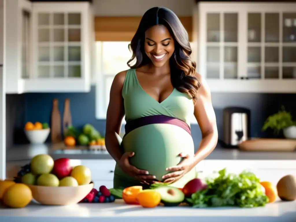 Una mujer embarazada prepara una comida cetogénica saludable en una cocina luminosa y llena de ingredientes frescos. Refleja vitalidad y decisiones informadas sobre la cetogenia durante el embarazo.