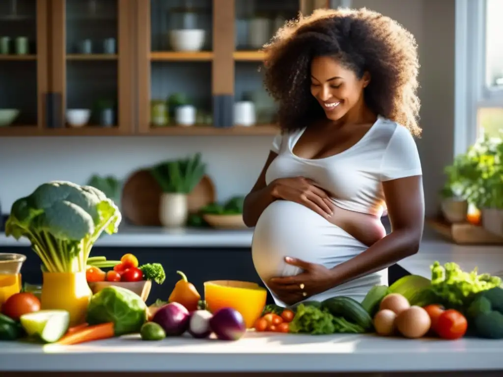 Una mujer embarazada prepara con cuidado una colorida y nutritiva comida cetogénica en una acogedora cocina llena de luz natural.