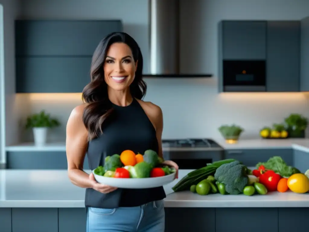 Una mujer empoderada en su cocina moderna, sostiene un plato con vegetales coloridos, promoviendo la dieta cetogénica y salud hormonal femenina.