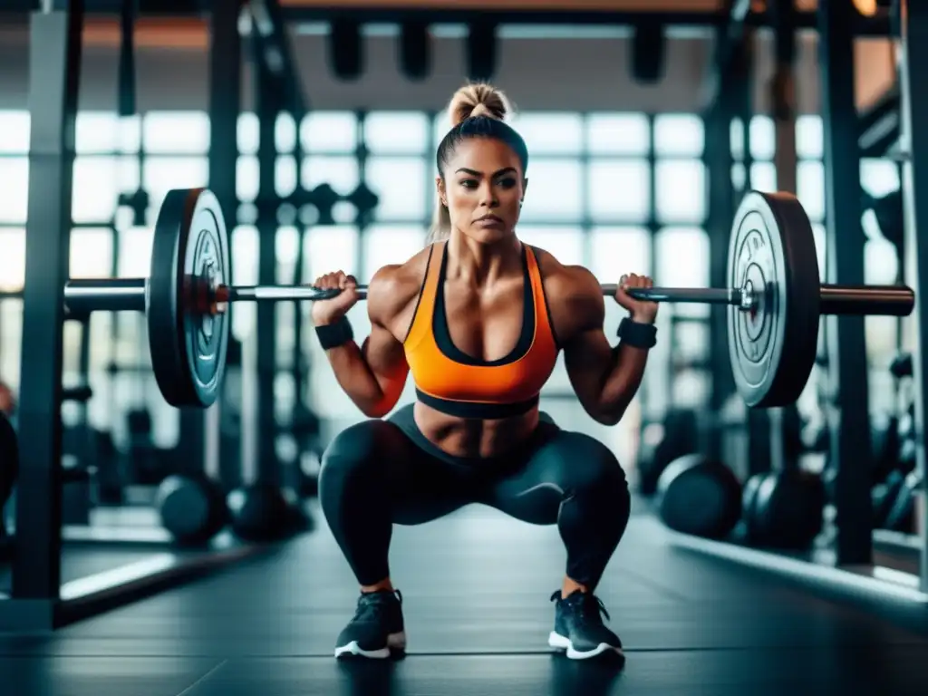 Una mujer fuerte realiza una sentadilla con barra en un gimnasio minimalista, destacando la conexión entre la dieta cetogénica y la fuerza deportiva.