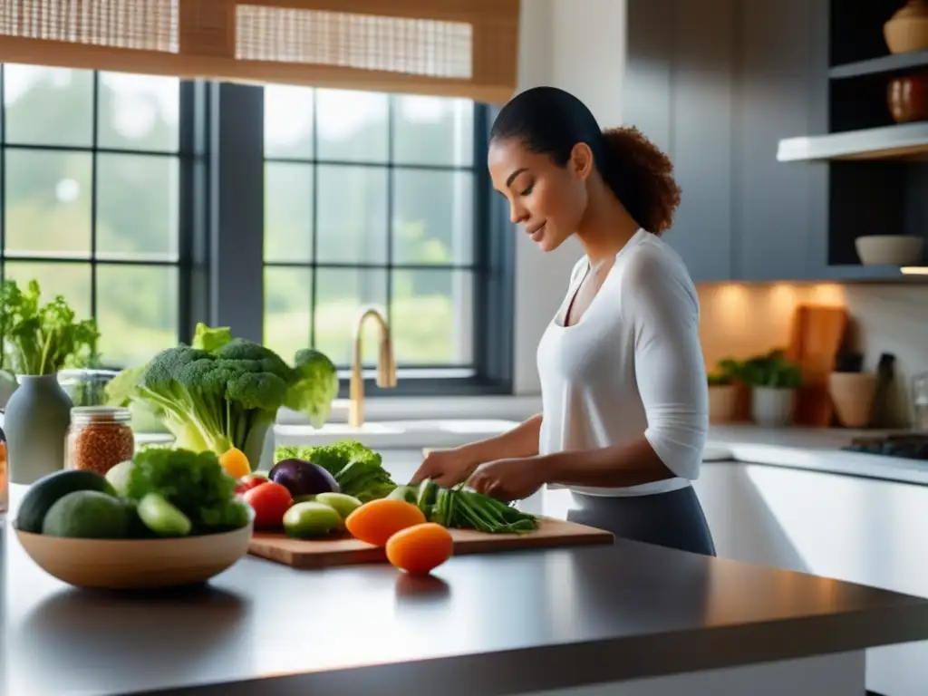 Una mujer prepara con gracia una comida cetogénica y para el ayuno intermitente en una cocina moderna y serena, exudando vitalidad y confianza. <b>Los vibrantes vegetales, proteínas magras y grasas saludables se exhiben en los impecables mostradores, mientras que la luz del sol ilum