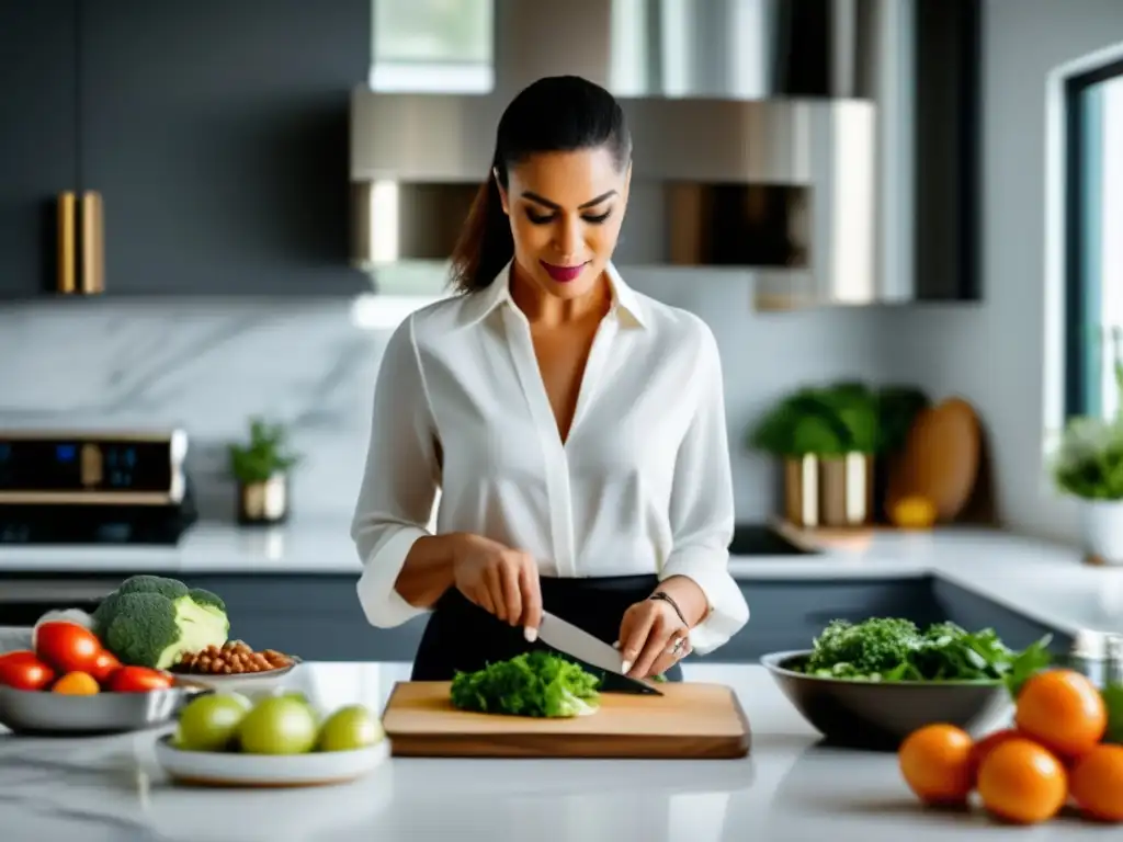 Una mujer con hipotiroidismo prepara una comida cetogénica en una cocina moderna y luminosa, seleccionando cuidadosamente ingredientes frescos y midiendo porciones con determinación. <b>Su expresión refleja enfoque y decisión.</b> La cocina, organizada y elegante, irradia sofisticación y conciencia