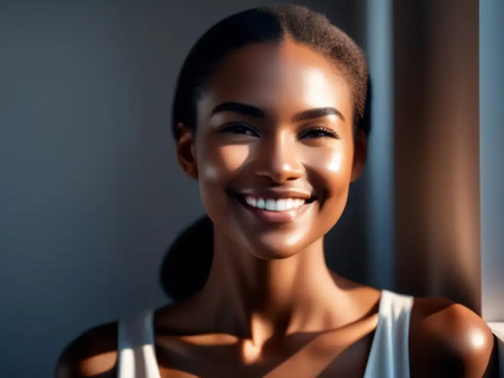 Una mujer irradia vitalidad con su piel radiante en una habitación soleada. <b>Su belleza natural destaca.</b> 'Dieta cetogénica y envejecimiento cutáneo'