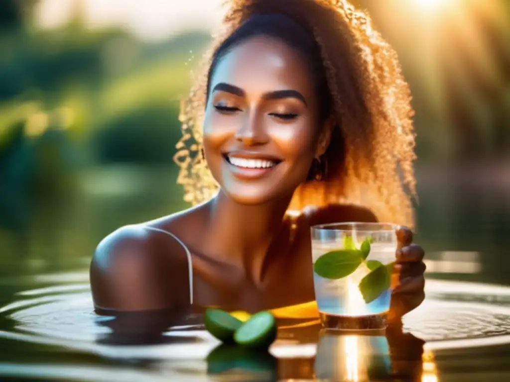 Piel radiante: Mujer con agua y frutas