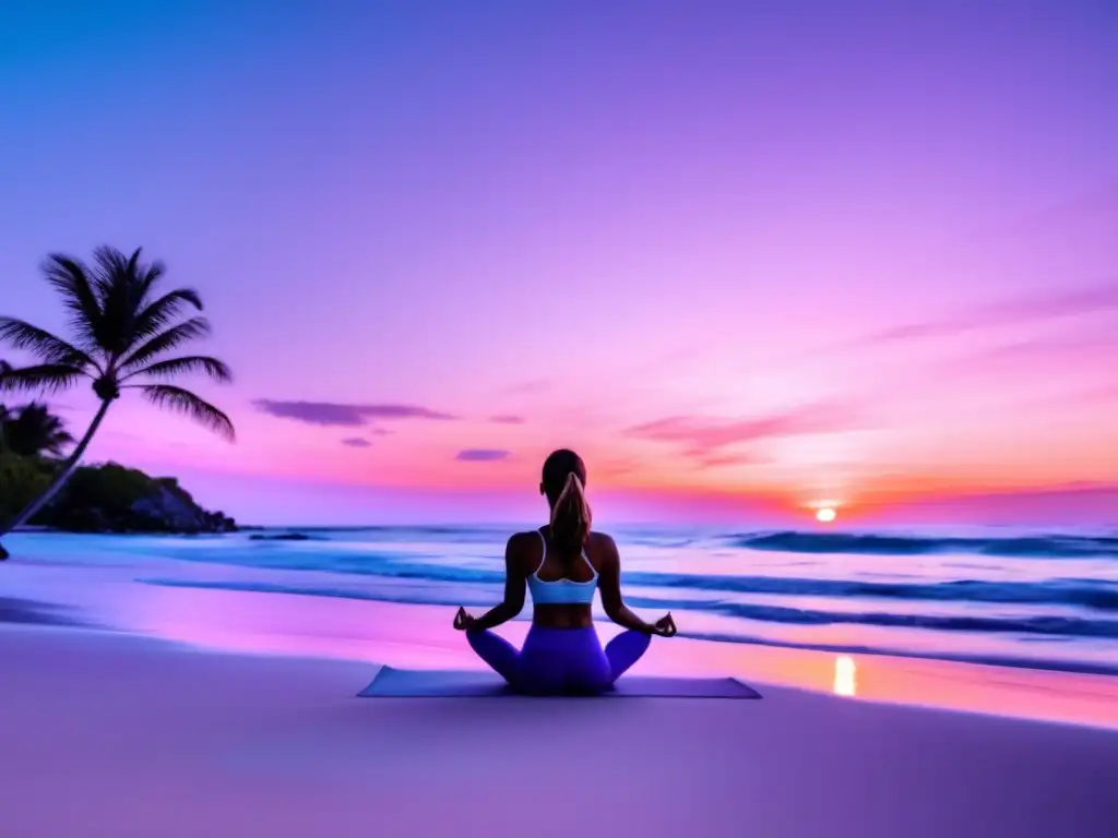 Una mujer practica yoga al amanecer en una playa serena, transmitiendo tranquilidad y equilibrio, ideal para estrategias de gestión del estrés en dieta cetogénica.