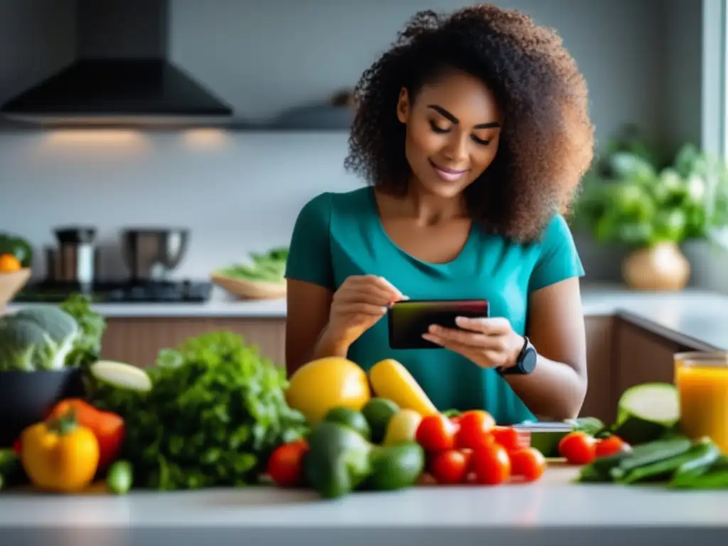 Una mujer mide porciones de alimentos coloridos y nutrientes en una mesa de cocina, con luz natural. Consejos psicológicos para avanzar en keto