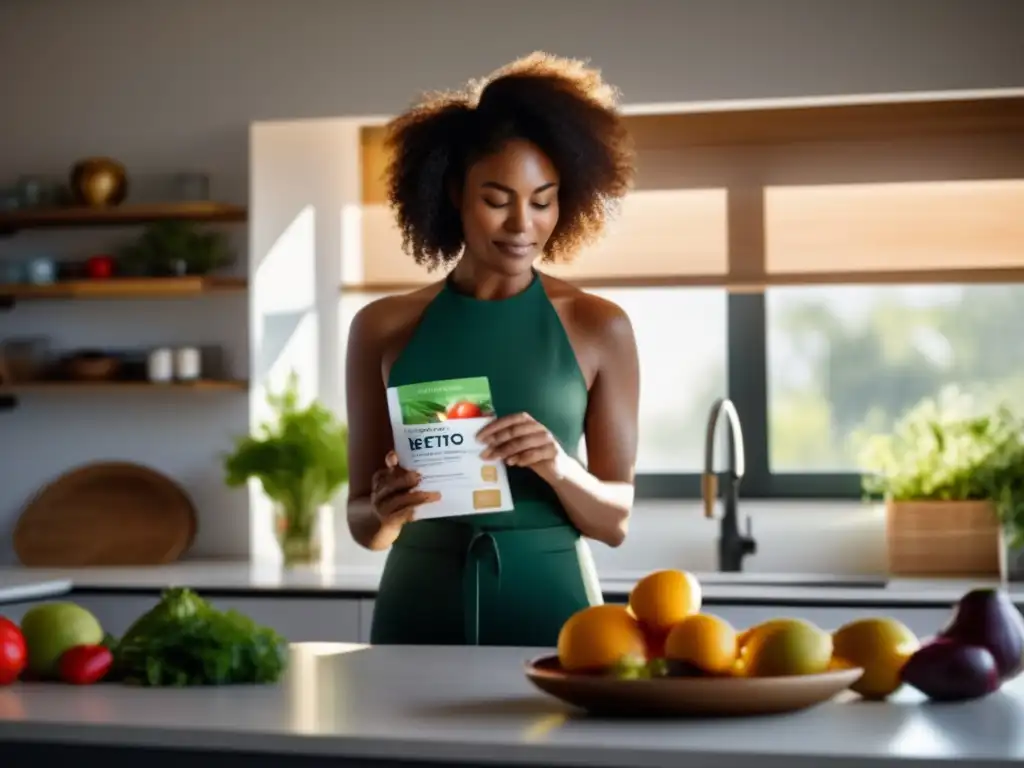 Una mujer examina un producto cetogénico en una cocina moderna. <b>La luz del sol destaca el diseño minimalista.</b> Su expresión refleja determinación.