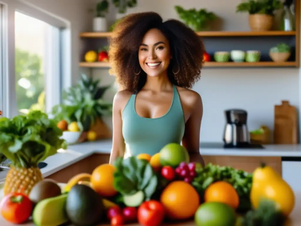 Una mujer radiante en una cocina llena de frutas y verduras. <b>Sostiene un plato de alimentos nutritivos.</b> Transmite vitalidad y bienestar con una dieta cetogénica y salud hormonal.