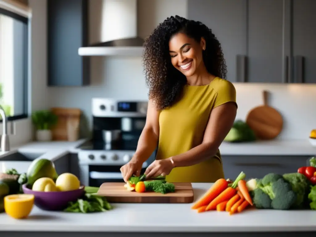 Una mujer radiante prepara una comida cetogénica en una cocina moderna y luminosa, mostrando la diversidad y delicia de esta dieta. Su postura confiada refleja el impacto positivo en el síndrome de ovario poliquístico (SOP), creando una representación visualmente atractiva e informat