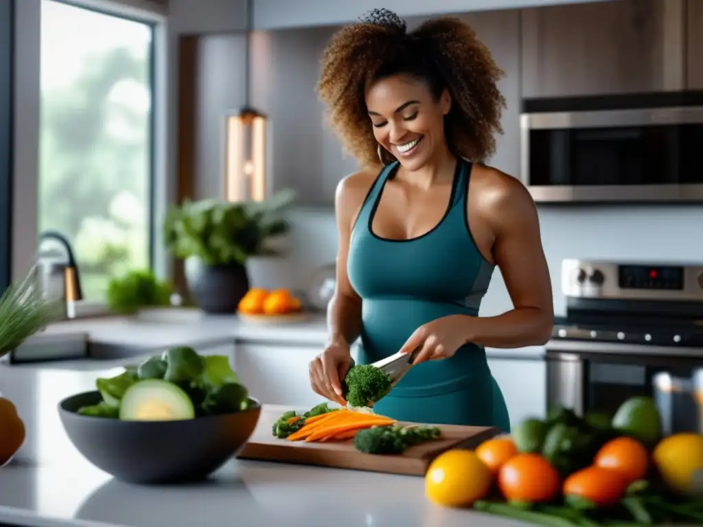 Una mujer radiante prepara una comida keto en una cocina moderna. La transformación interna y externa cetogénica se refleja en su confianza.