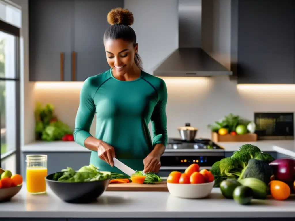 Una mujer en ropa atlética prepara una colorida y nutritiva comida cetogénica en una cocina moderna.</b> La luz del sol ilumina los ingredientes frescos y la postura confiada de la mujer irradia vitalidad y determinación, mostrando la aplicación práctica de las estrategias cetogénicas para una vida