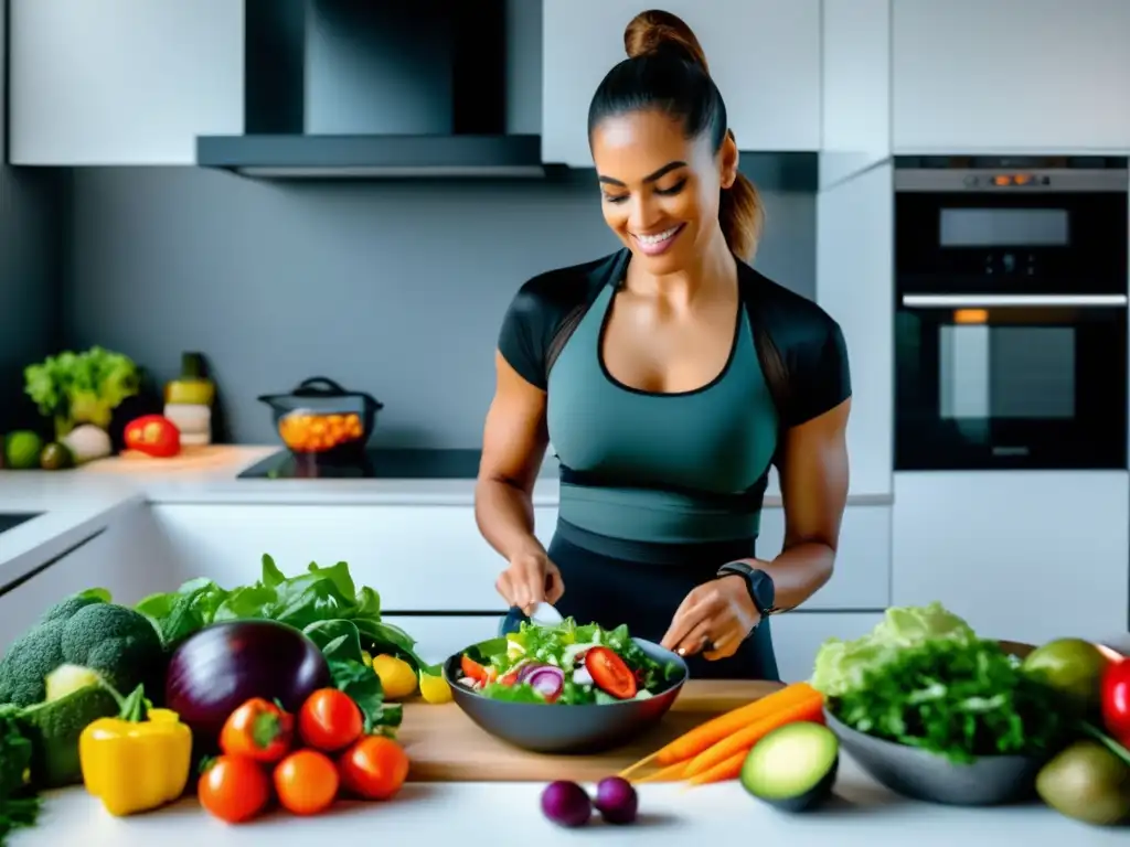 Una mujer en ropa deportiva preparando una colorida ensalada en una cocina moderna. Muestra determinación y disciplina en seguir estrategias efectivas para mantenerse fiel a una dieta cetogénica.