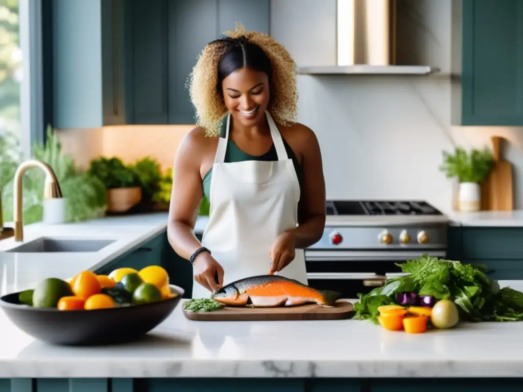 Una mujer en ropa deportiva prepara una comida saludable en una cocina soleada, reflejando el estilo de vida del ayuno intermitente y la dieta keto.