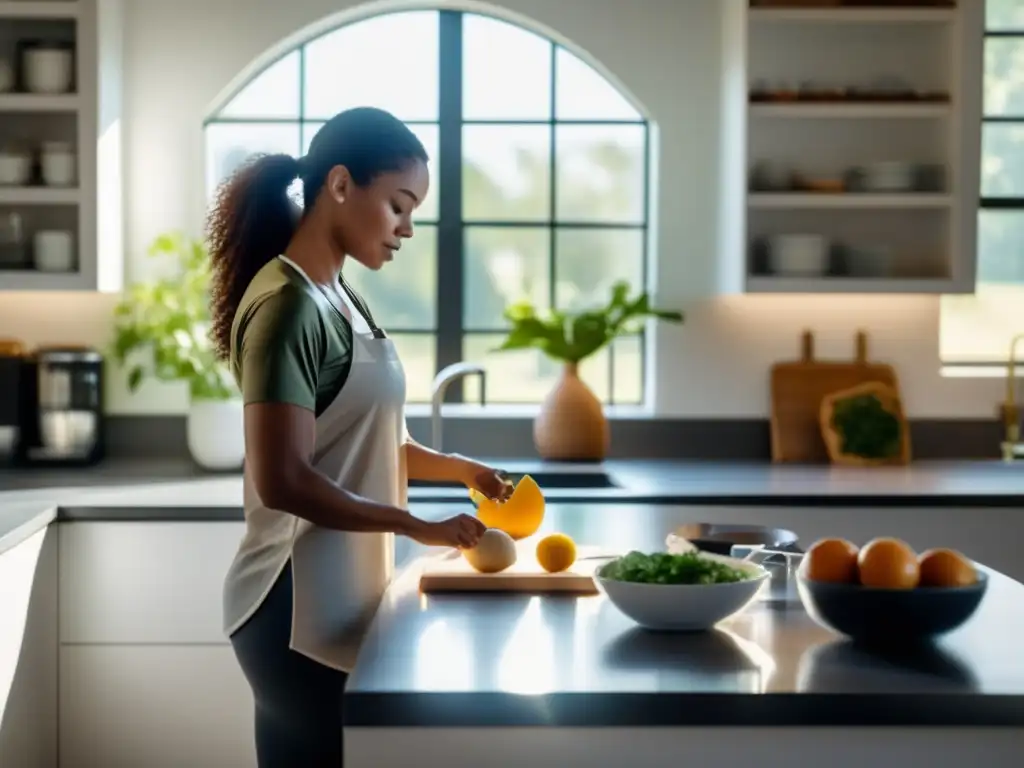 Una mujer en ropa deportiva mide ingredientes en una cocina luminosa mientras desarrolla autodisciplina en dieta cetogénica.