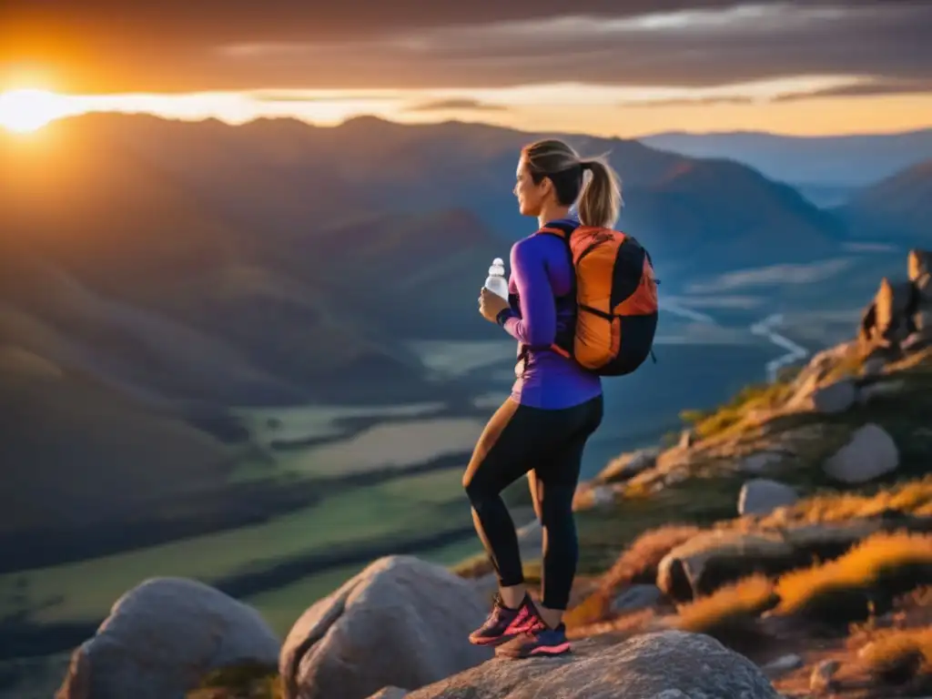 Una mujer en ropa deportiva de pie en la cima de una montaña rocosa, mirando determinada hacia un valle escénico. Sostiene una botella de agua, con el sol poniéndose en el fondo, creando un cálido resplandor dorado sobre el paisaje. Los colores vibrantes del