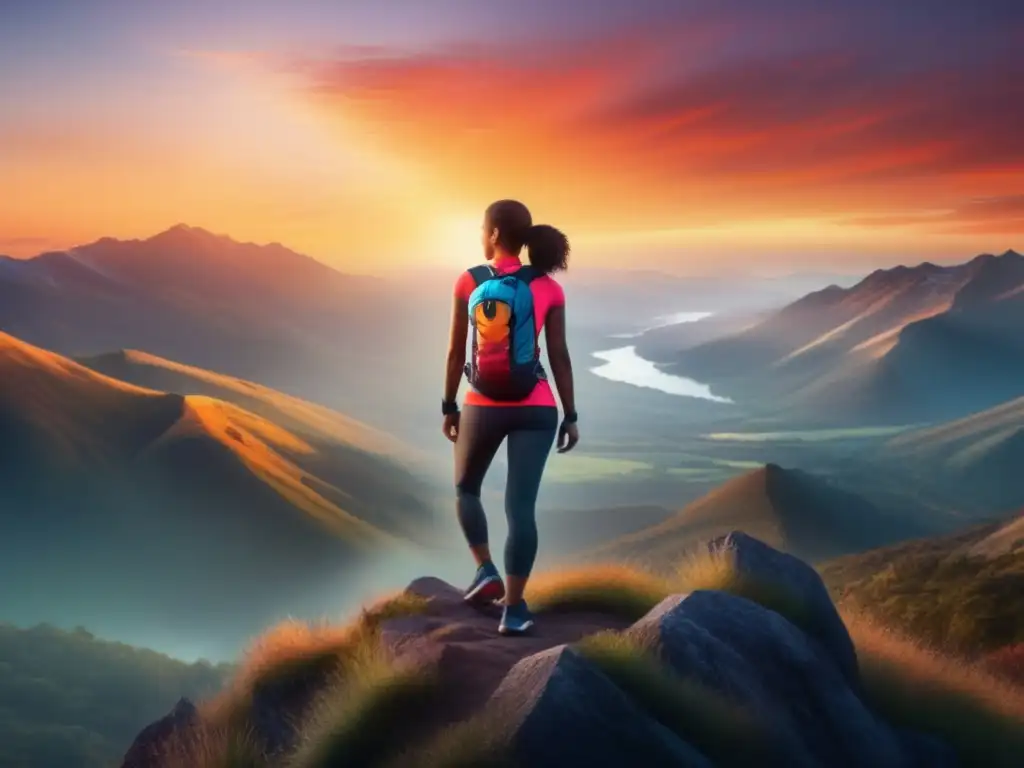 Una mujer en ropa deportiva de pie en la cima de una montaña, mirando un amanecer impresionante sobre un valle brumoso. Sostiene una botella de agua y tiene una expresión determinada, simbolizando la perseverancia y determinación requerida para mantener la motivación en situaciones desafiantes.