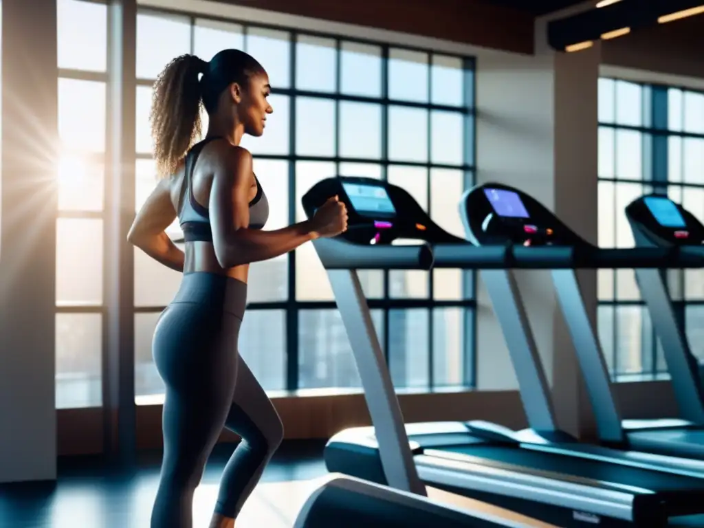 Una mujer en ropa deportiva ajusta su rastreador de ejercicios en un gimnasio moderno con grandes ventanas.</b> La luz del sol crea una atmósfera cálida mientras se prepara para entrenamientos para mantenerse en cetosis.