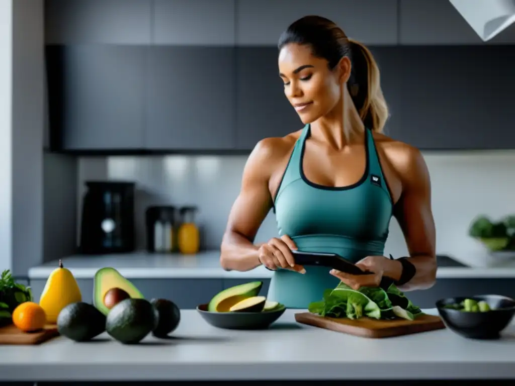 Una mujer en ropa de entrenamiento prepara una comida cetogénica en una cocina moderna y elegante, rodeada de ingredientes frescos y coloridos como aguacates, verduras de hoja verde y proteínas magras. La cocina está bañada de luz natural, y la postura de la mujer irradia conf